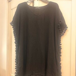 Pomander Place Black Katie Caftan - Beach cover-up / Tunic with Pom-Pom Trim M/L